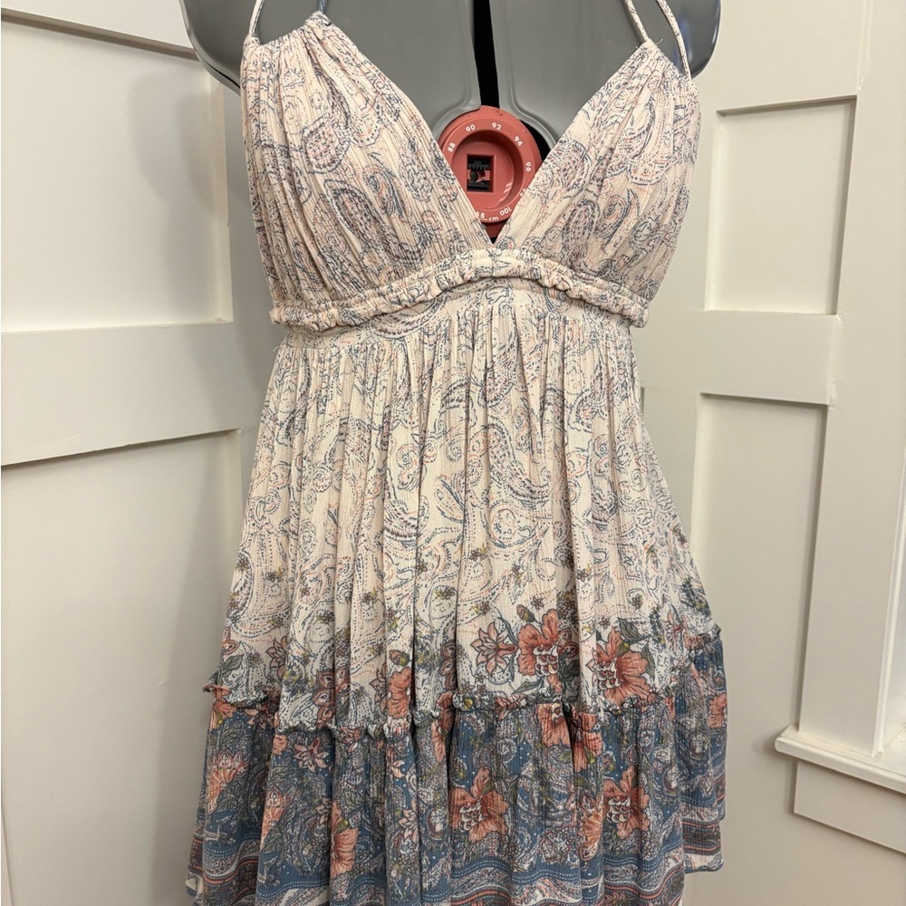 Storia Multicolor Halter Mini Dress Boho Ruffle Flowy Cottagecore Small Beach